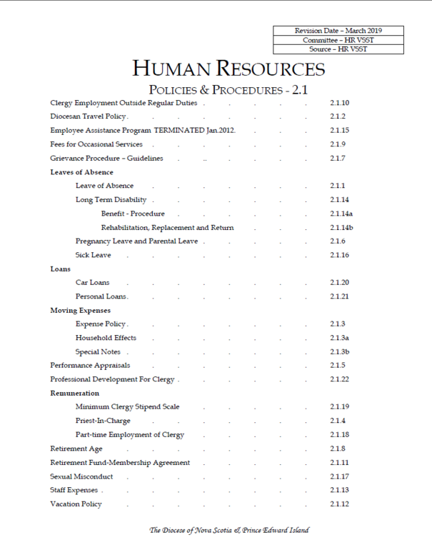 Human Resources Policies Resources Diocese of Nova Scotia and