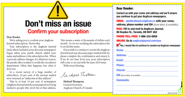 Anglican Journal and Messenger Readers Asked to  Confirm Subscription