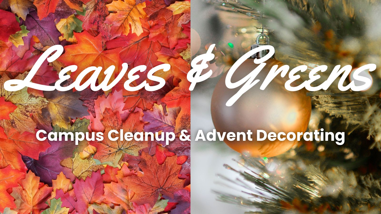 picture of fall leaves and Christmas ornaments.