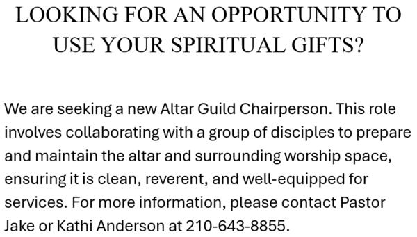 Alter Guild Chairperson Needed
