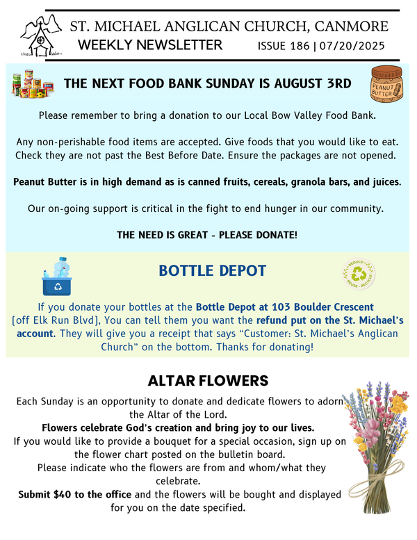 Altar Flowers, Food Bank and Bottle Drive