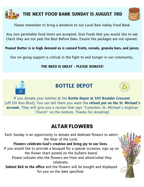 Altar Flowers, Food Bank and Bottle Drive