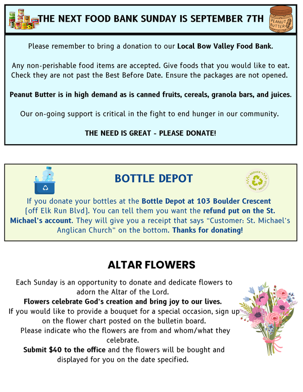 Altar Flowers, Food Bank and Bottle Drive