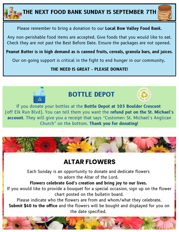 Altar Flowers, Bottle Depot and Food Bank