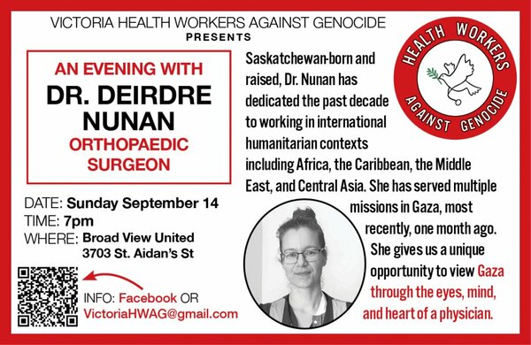 Come and learn from Dr. Deirdre Nunan, surgeon recently returned from Gaza