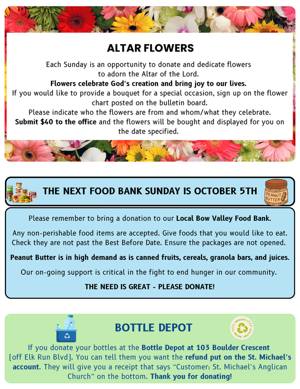 Altar Flowers, Bottle Depot and Food Bank