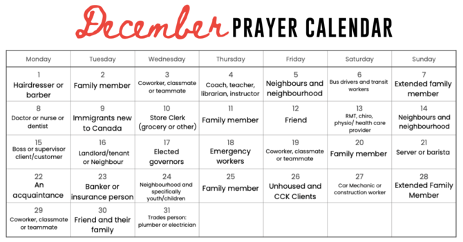 December Prayer Calendar