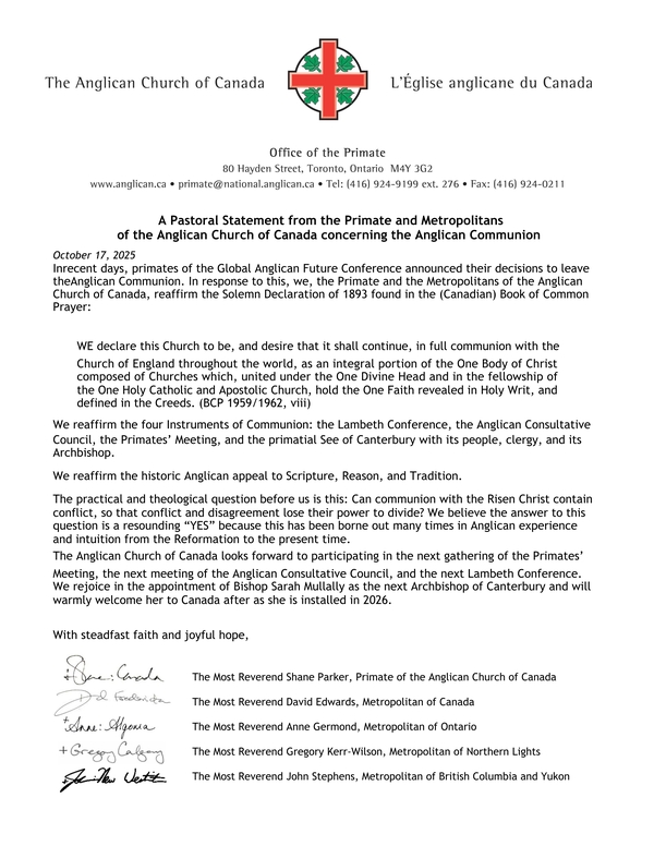 Pastoral Statement on Anglican Communion