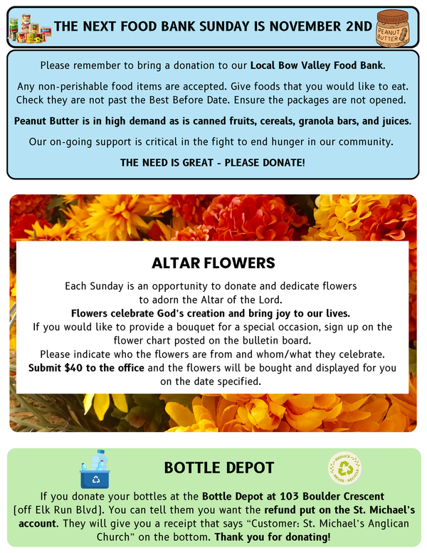 Altar Flowers, Bottle Depot and Food Bank