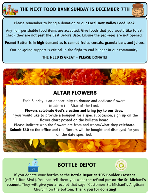 Altar Flowers, Bottle Depot and Food Bank