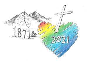 a pencil drawing of mountains and a small church with the date 1871 on the left and the HOL logo and the date 2021 on the right