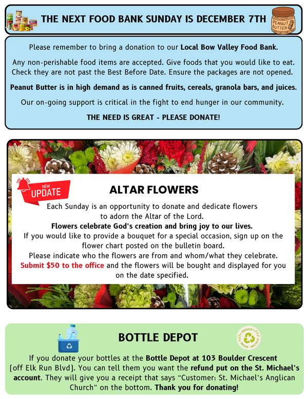 Altar Flowers, Bottle Depot and Food Bank