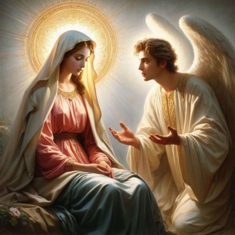 The angel Gabriel tells Mary about the birth  of Jesus.