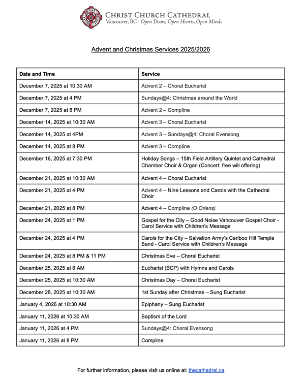 Advent and Christmas Service Schedule