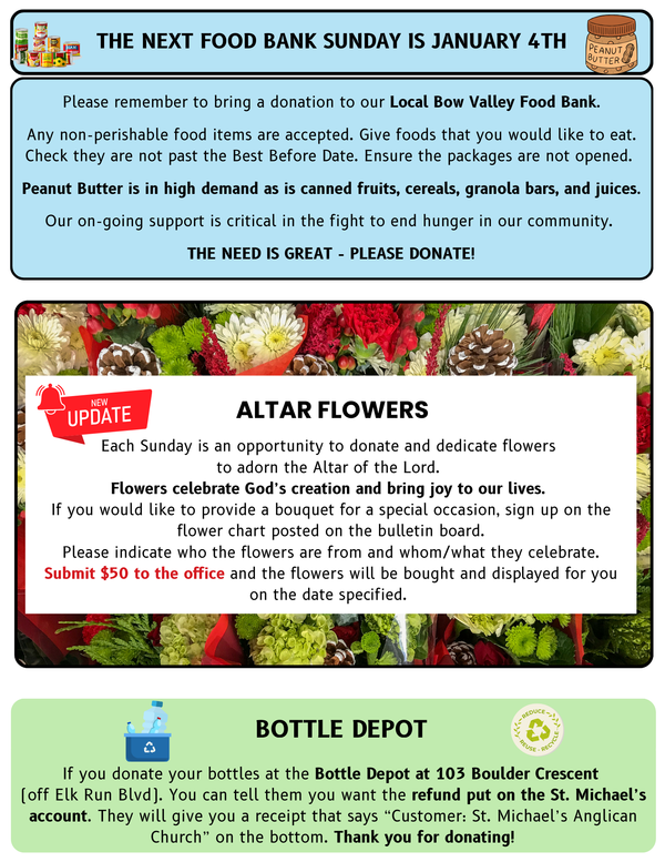 Altar Flowers, Bottle Depot and Food Bank