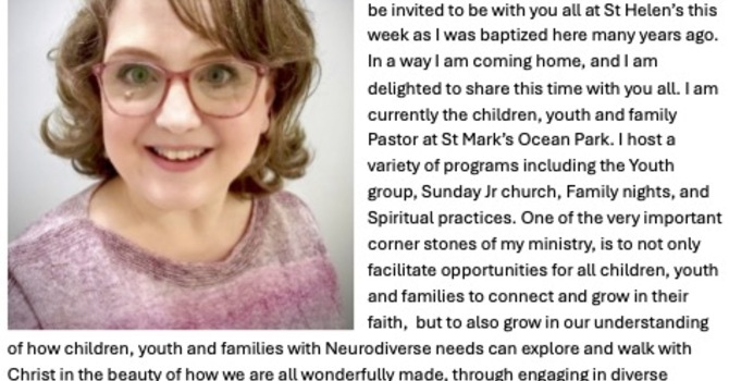 On Sunday, January 25, please welcome Sarah Autio, an Anglican M. Div student, who'll join us and preach during the Service.