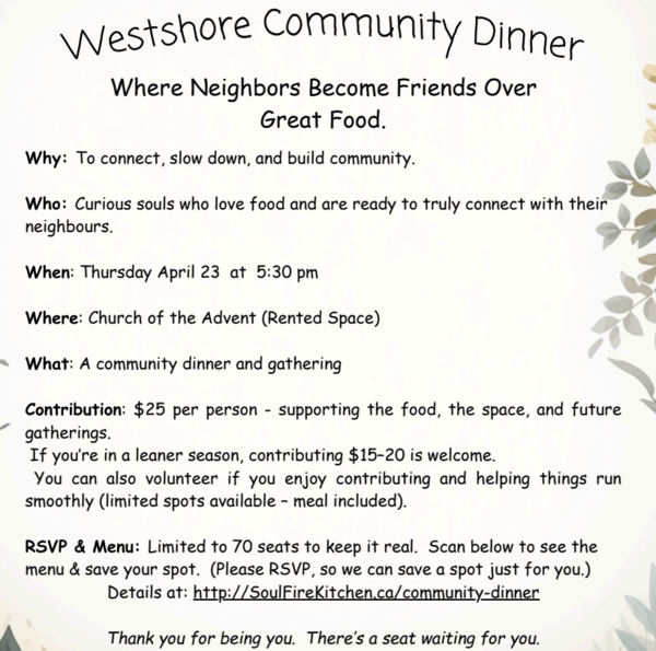 SoulFire Kitchen Community Dinner at Anglican Church of the Advent