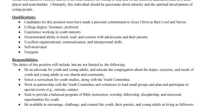 Now taking resumes - Pastor of Youth & Young Adults