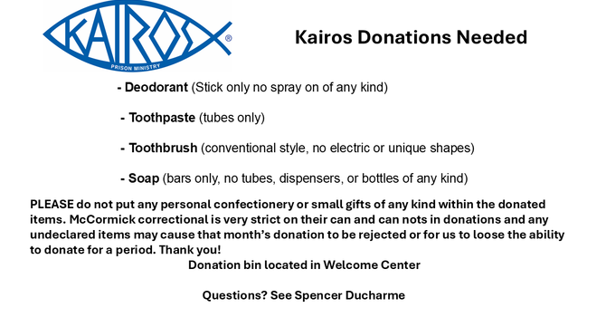 Kairos Donations Needed 