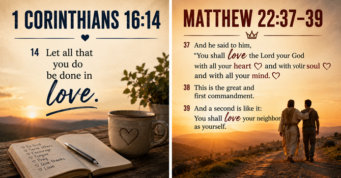 1 Corinthians 16:14 & Matthew 22:37–39 image