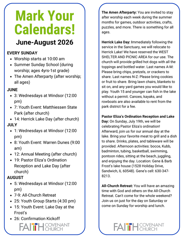 Mark your Calendars June-August 2026 Events at Faith!
