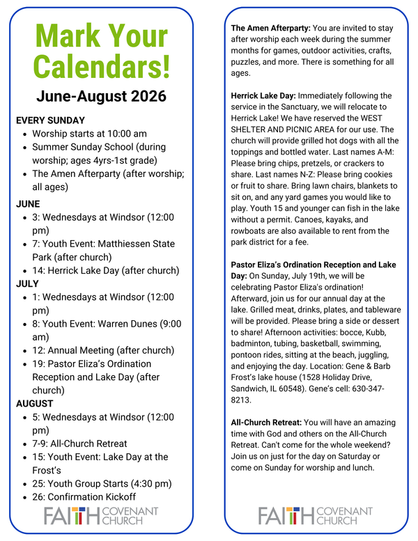 Mark your Calendars June-August 2026 Events at Faith!