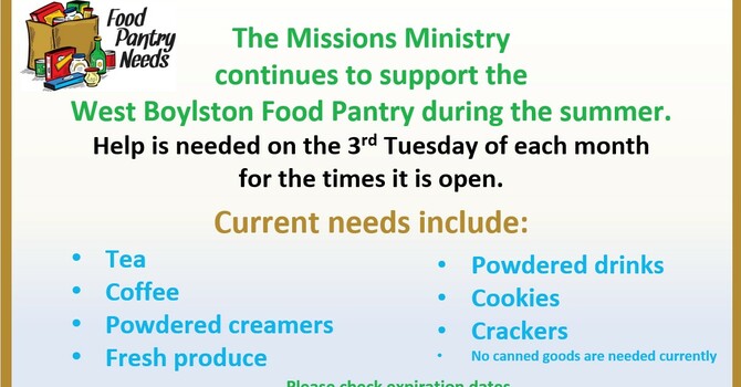 West Boylston Food Pantry, 3rd Tuesday each month
