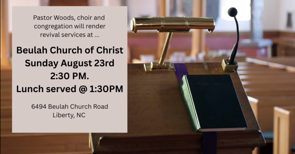 Upcoming Service at Beulah Church of Christ - 8/23 @2:30 PM