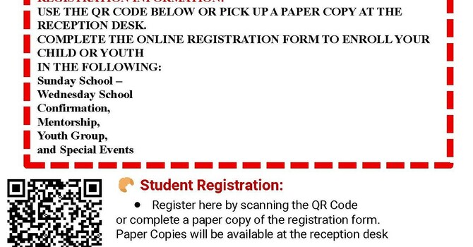 REGISTRTATION FOR SUNDAY SCHOOL WEDNESDAY SCHOOL CONFIRMATION MENTORSHIP YOUTH GROUP YOUTH ACTIVITIES image
