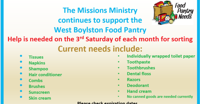 West Boylston Food Pantry, 3rd Saturday each month