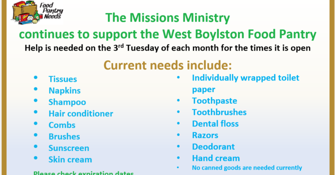 West Boylston Food Pantry, 3rd Tuesday each month