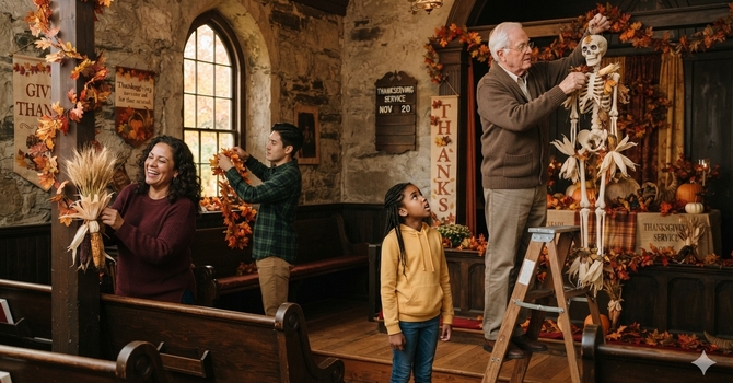 Decorating the church for Thanksgiving