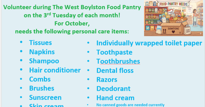 West Boylston Food Pantry, 3rd Tuesday each month