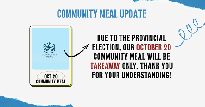 October 20 Community Meal: Takeaway Pickup at 5:30 PM